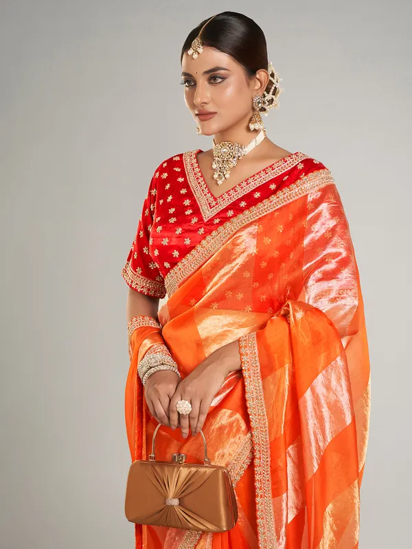 Orange tissue silk saree for wedding