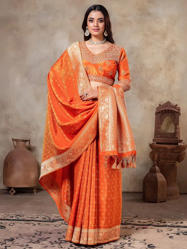 Orange tissue silk saree in zari weaving