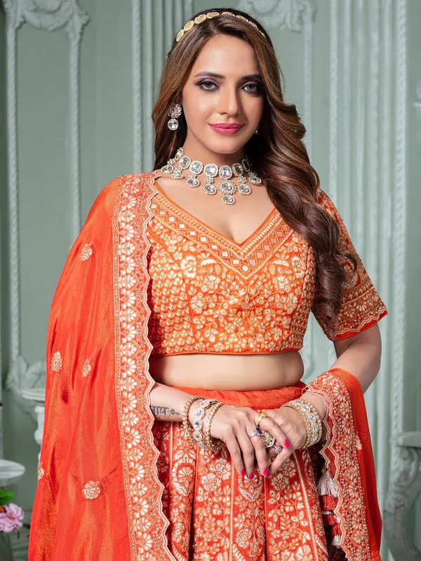 Orange tissue silk wedding wear lehenga choli