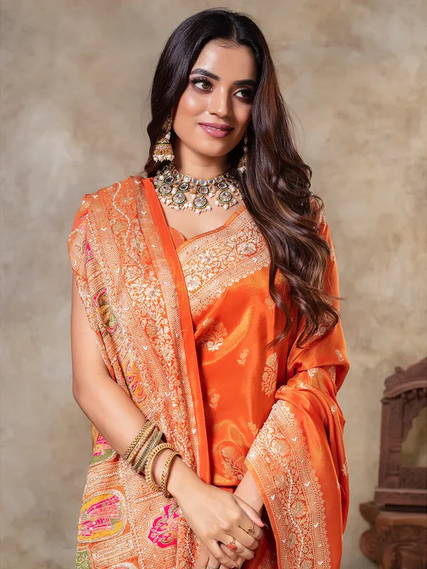 Orange tissue silk zari weaving saree
