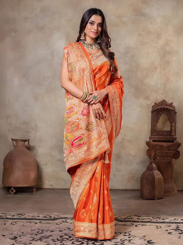 Orange tissue silk zari weaving saree
