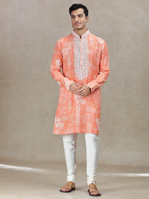 Orange vibrant festive allure kurta set in tussar silk