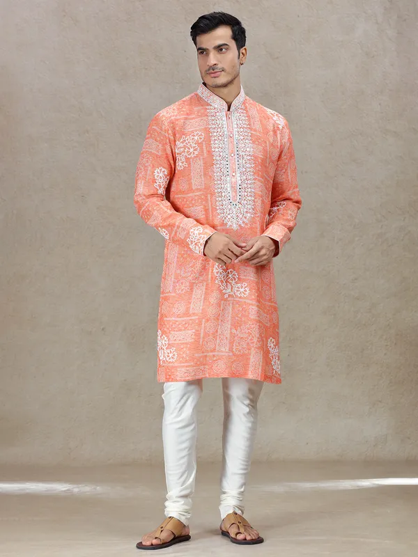 Orange vibrant festive allure kurta set in tussar silk