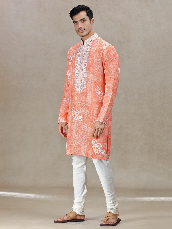 Orange vibrant festive allure kurta set in tussar silk