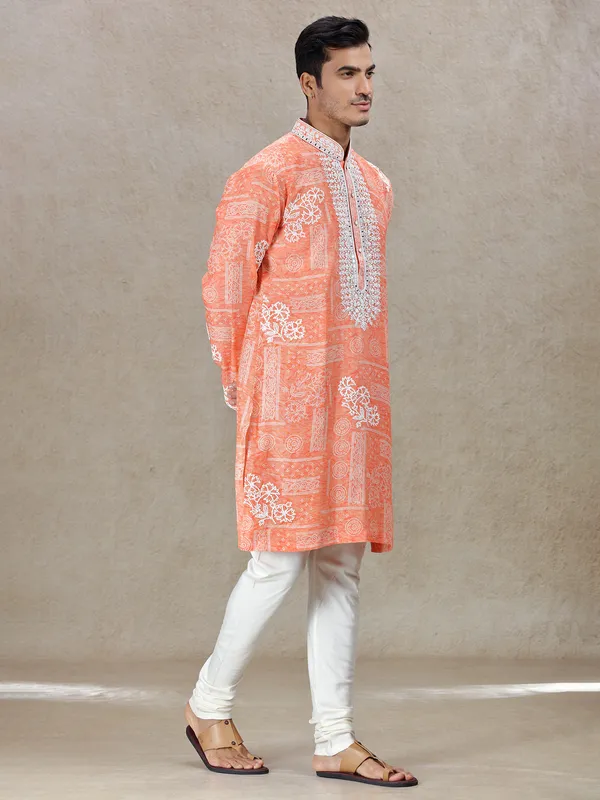 Orange vibrant festive allure kurta set in tussar silk