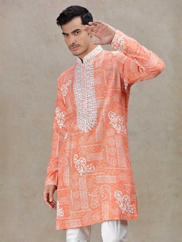 Orange vibrant festive allure kurta set in tussar silk