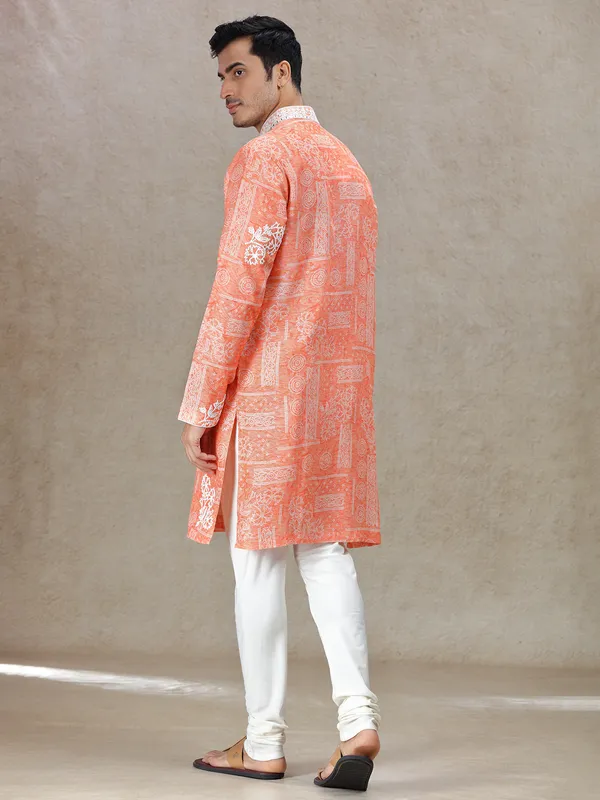 Orange vibrant festive allure kurta set in tussar silk