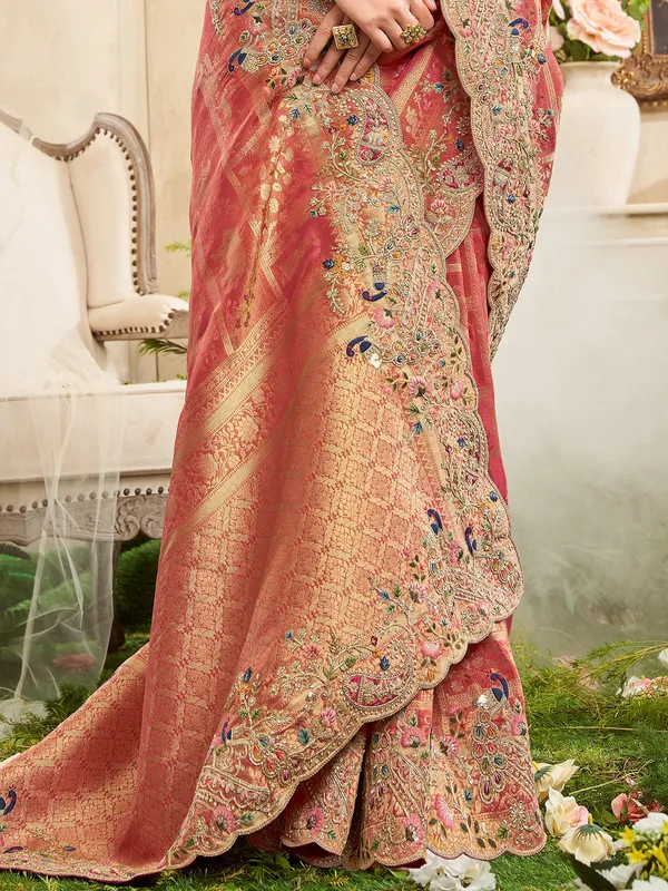 Orange viscose silk saree with festive embroidery work