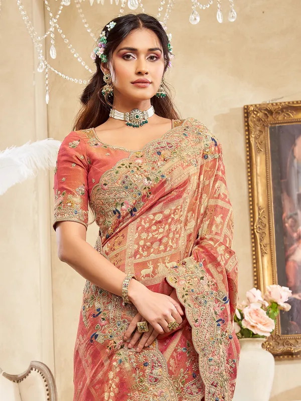 Orange viscose silk saree with festive embroidery work