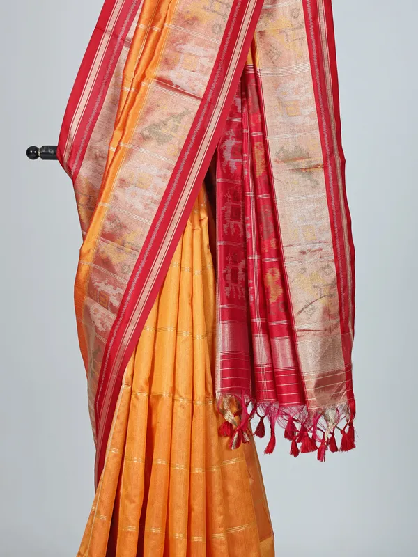 Orange zari weaving semi cotton silk saree for women