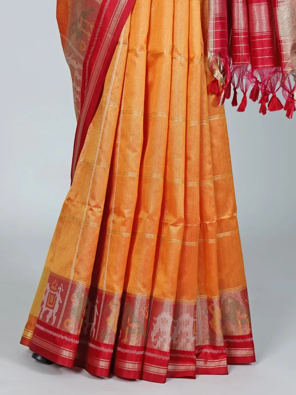 Orange zari weaving semi cotton silk saree for women