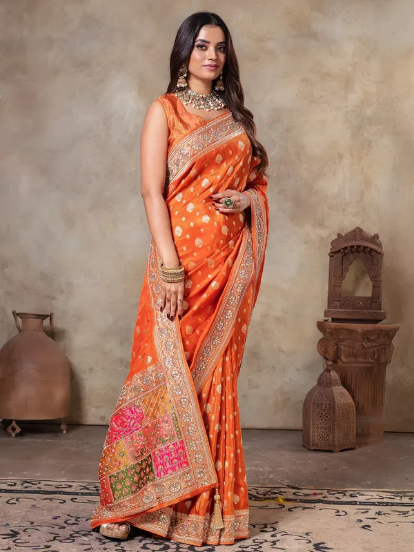 Orange zari weaving tissue silk saree