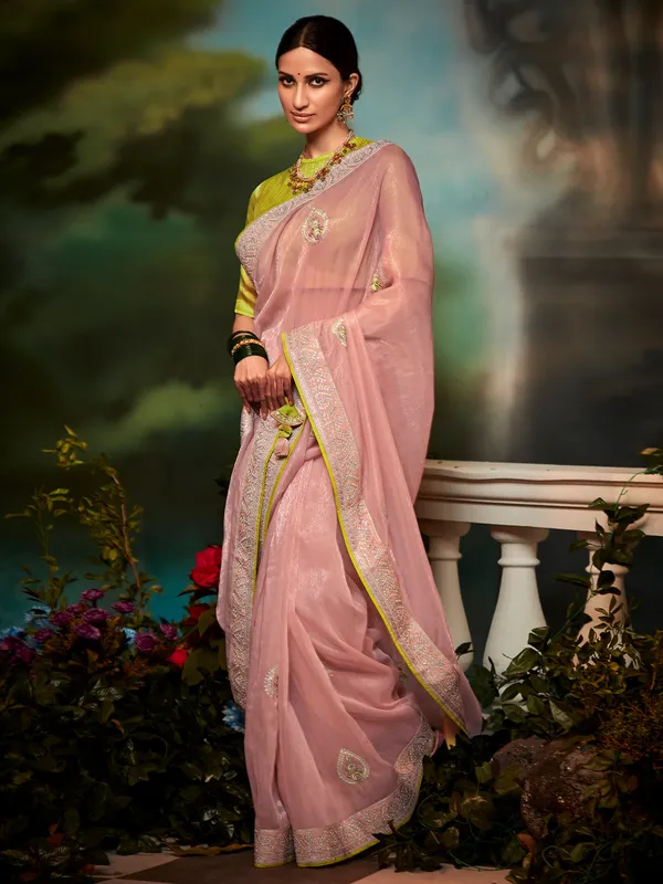 Organza baby pink wedding wear saree