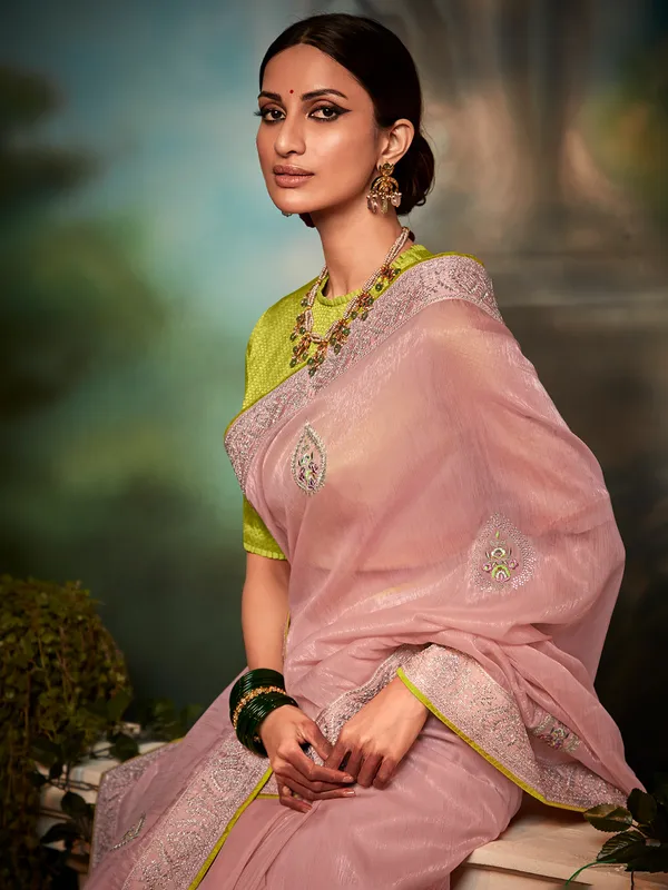 Organza baby pink wedding wear saree