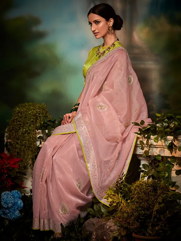 Organza baby pink wedding wear saree