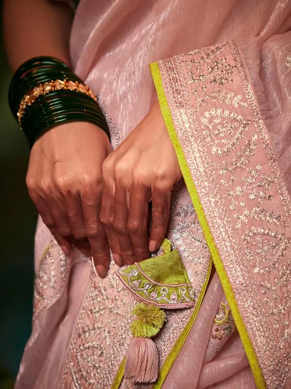 Organza baby pink wedding wear saree