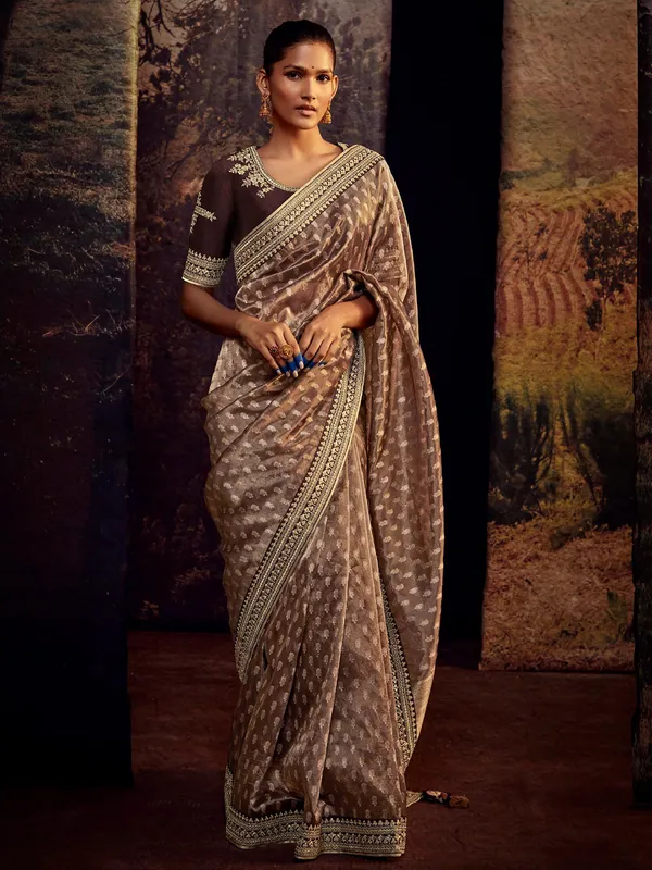 Organza beige saree for wedding