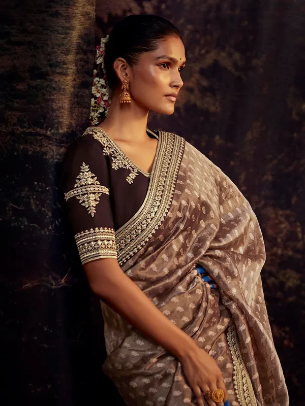 Organza beige saree for wedding