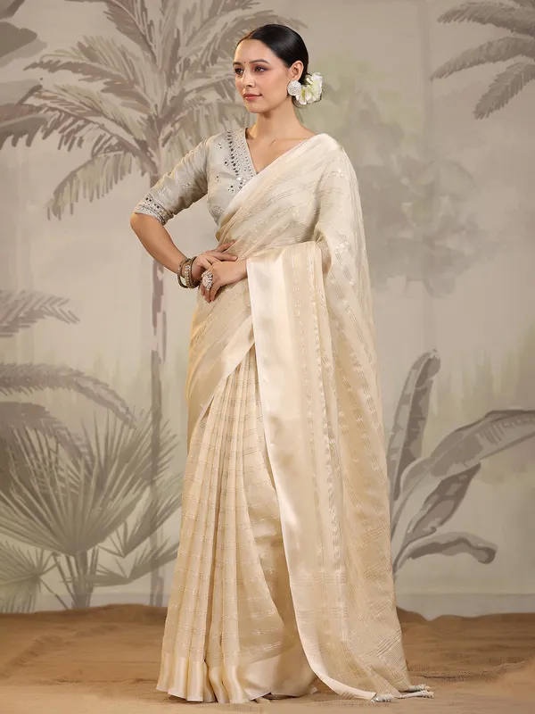 Organza cream wedding saree