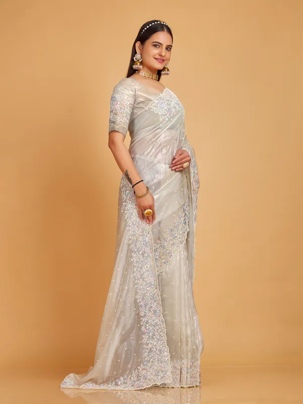 Organza cream wedding wear saree