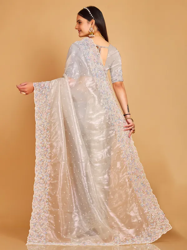 Organza cream wedding wear saree