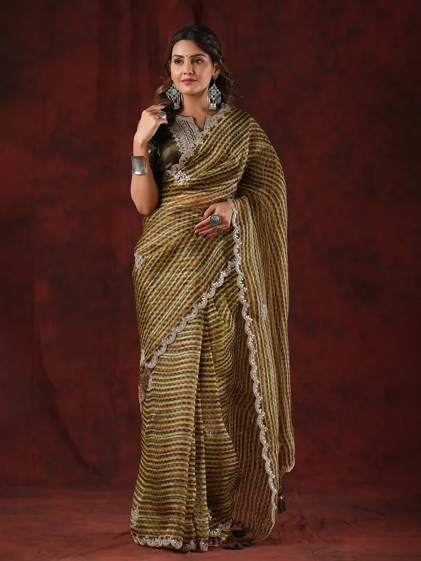 Organza printed mahendi green saree