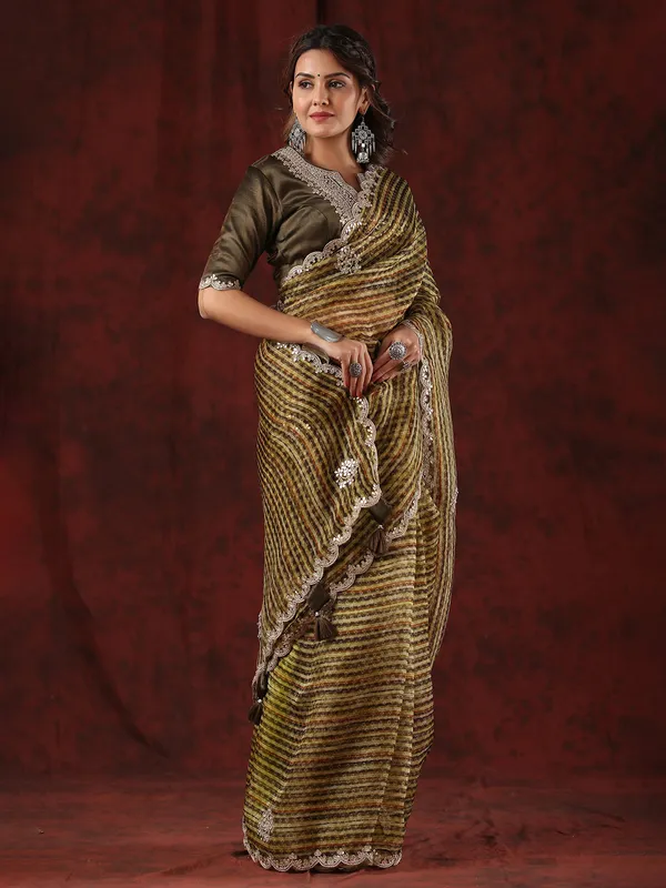 Organza printed mahendi green saree