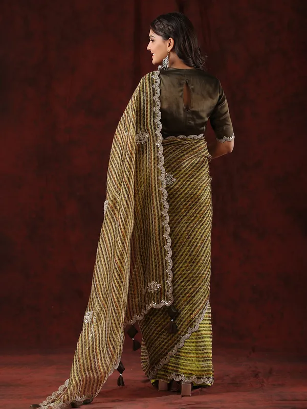 Organza printed mahendi green saree