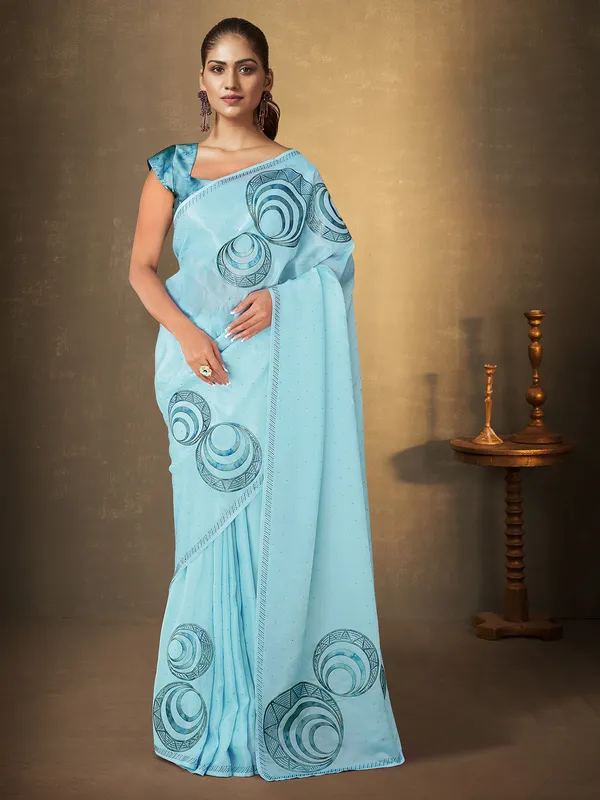 Organza printed sky blue saree