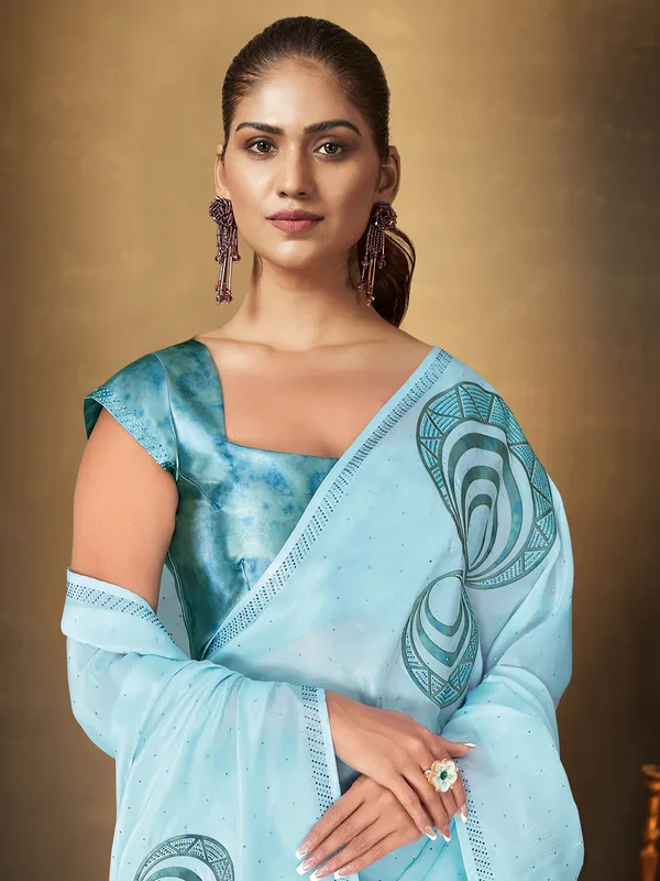 Organza printed sky blue saree