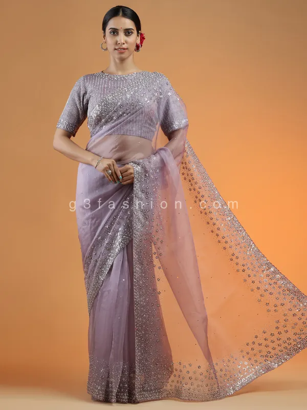 Organza saree for wedding functions in mauve purple