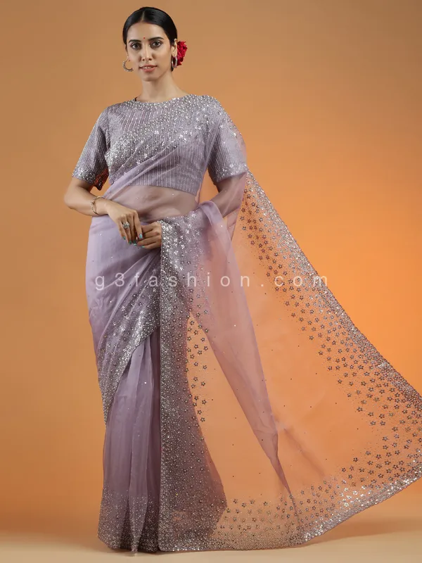 Organza saree for wedding functions in mauve purple
