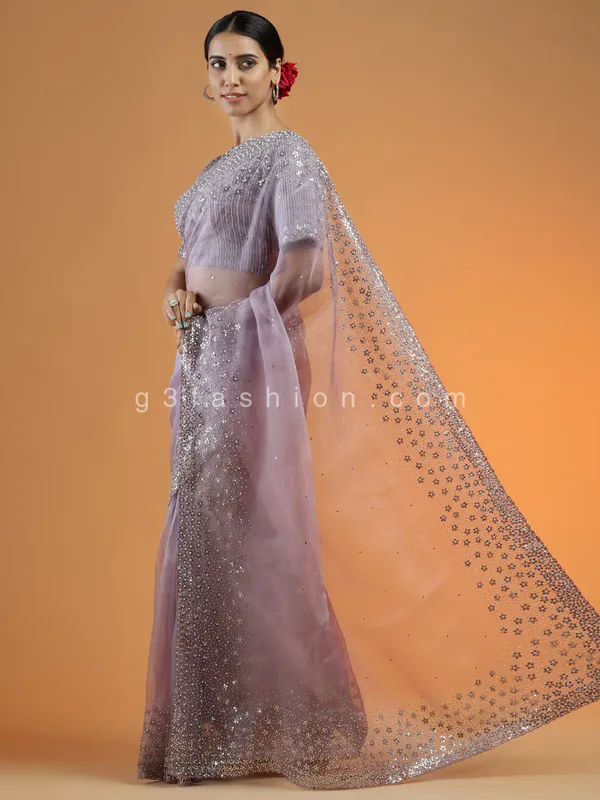 Organza saree for wedding functions in mauve purple