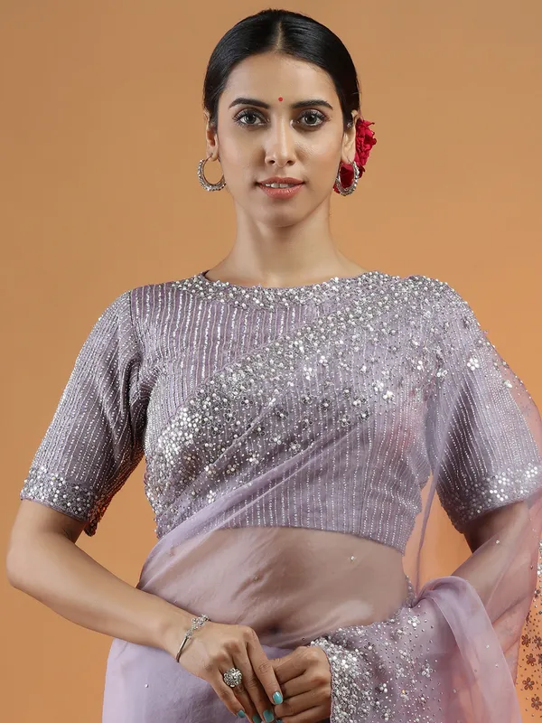Organza saree for wedding functions in mauve purple