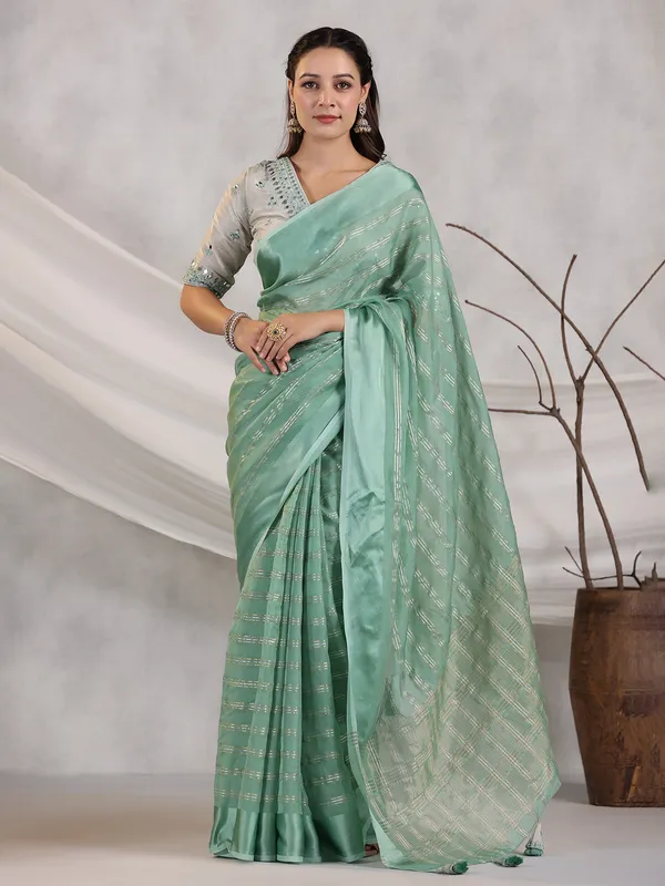 Organza sea green stripe saree