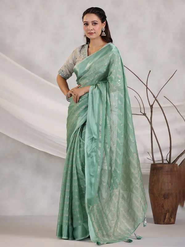 Organza sea green stripe saree