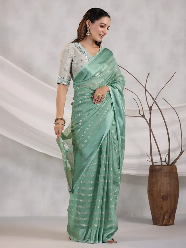 Organza sea green stripe saree