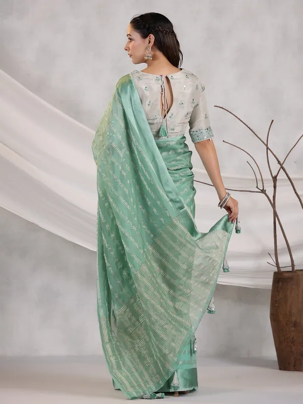 Organza sea green stripe saree