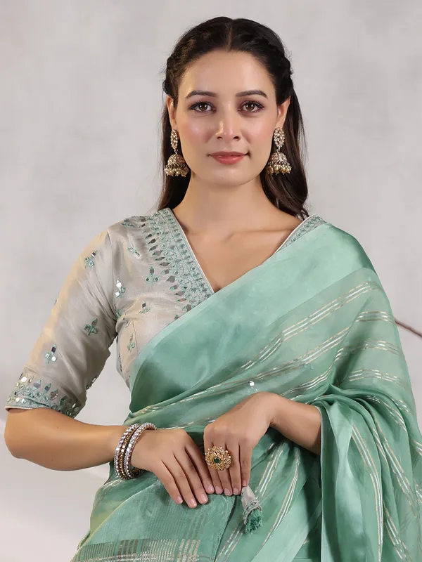 Organza sea green stripe saree