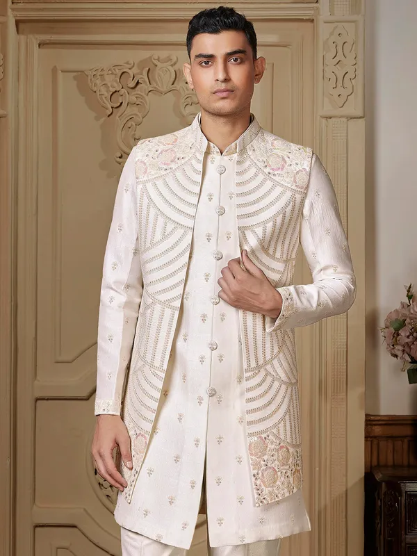 Outstanding ivory raw silk long kurta jacket set