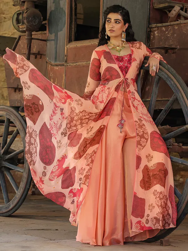 Palazzo peach silk printed suit