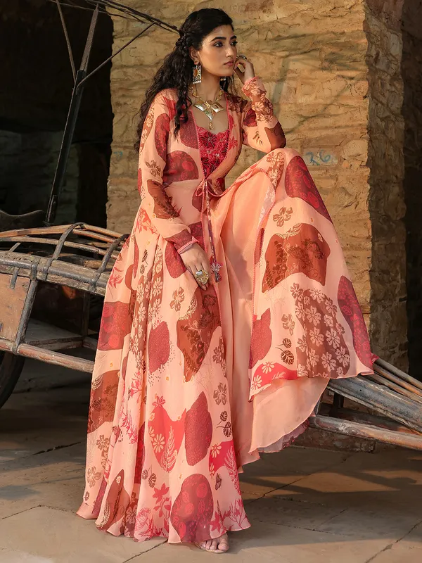 Palazzo peach silk printed suit