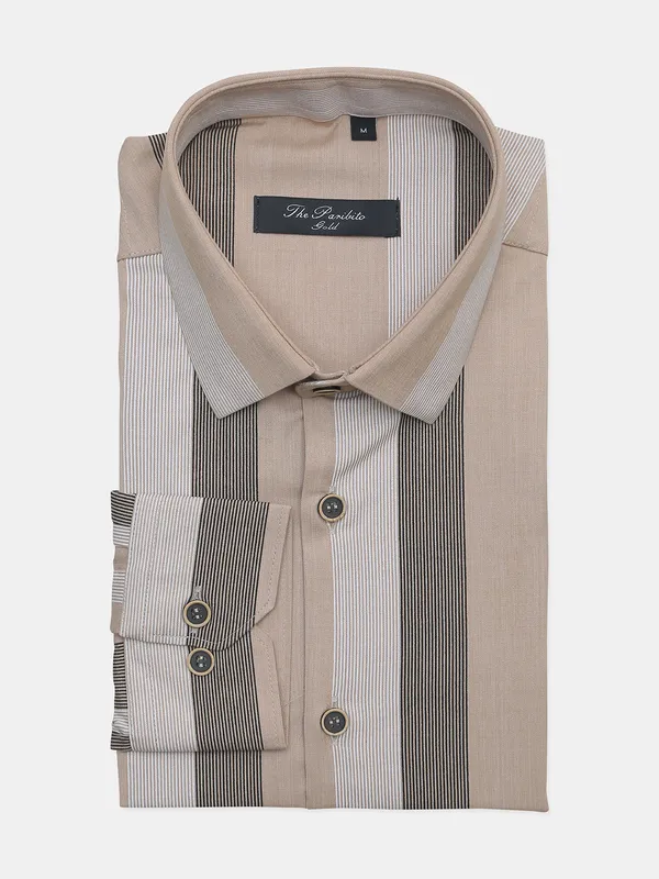 Paribito formal wear mens stripe shirt in beige