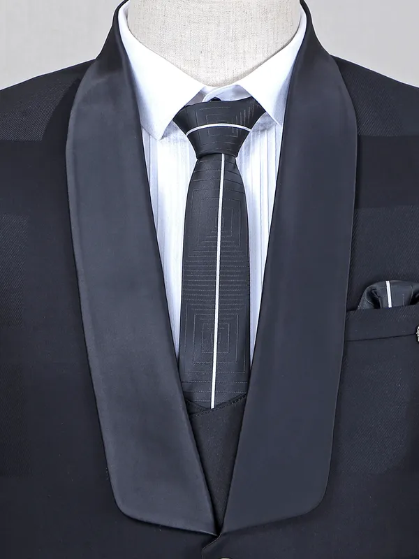 Party checks style black coat suit in terry rayon fabric