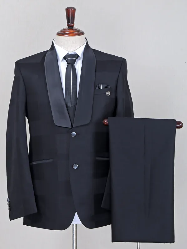 Party checks style black coat suit in terry rayon fabric