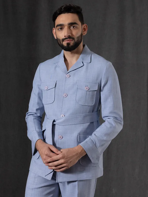 Party style sky blue cotton jodhpuri suit for men