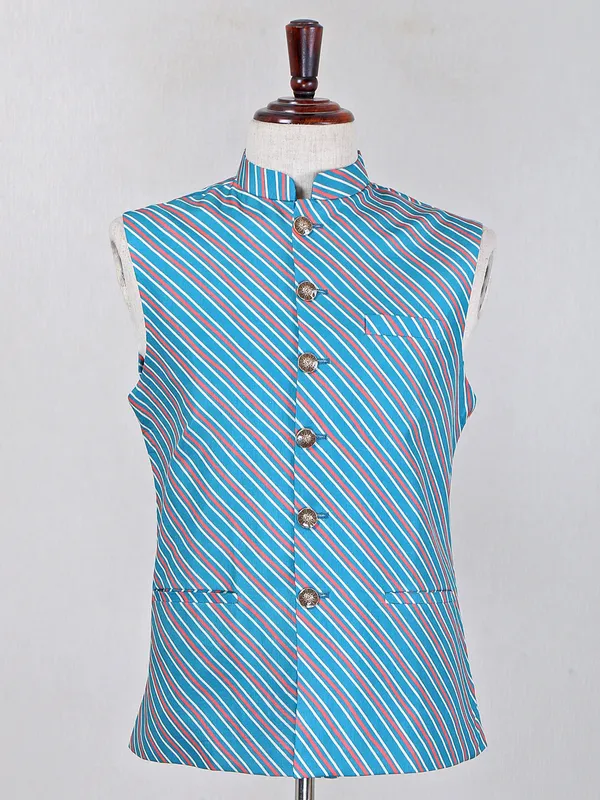 Party wear blue stripe cotton waistcoat