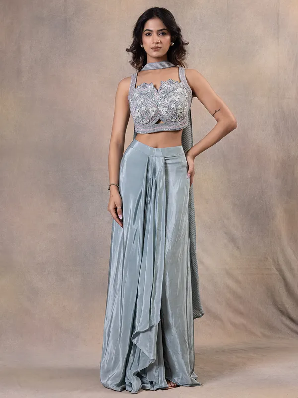 Party wear grey indowestern suit in satin silk