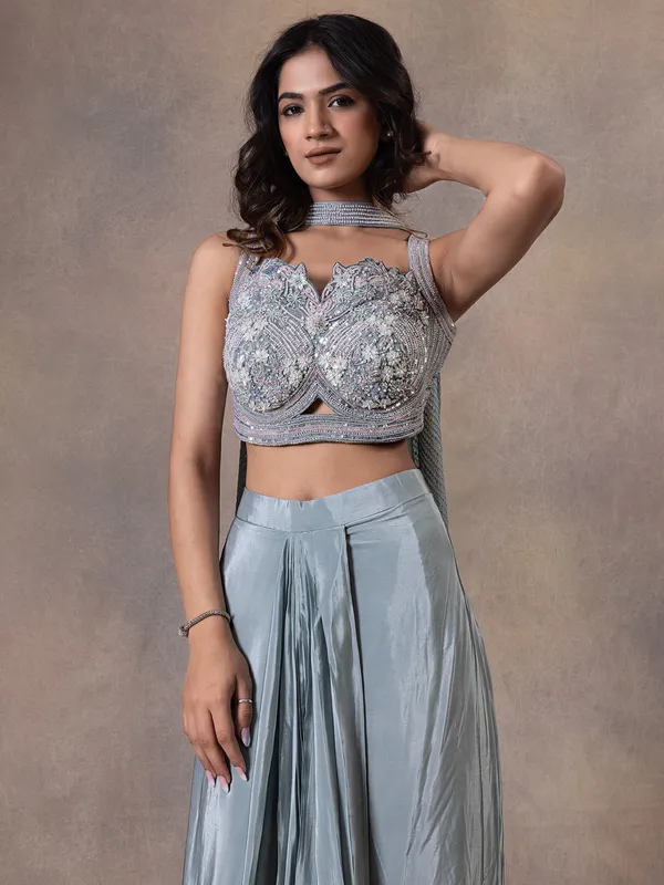 Party wear grey indowestern suit in satin silk