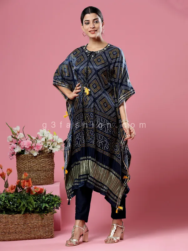 Party wear navy bandhej silk kaftan style kurti set